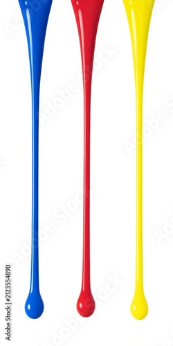 Three streams of primary paint colors. Red blue and yellow liquid drips on white background.