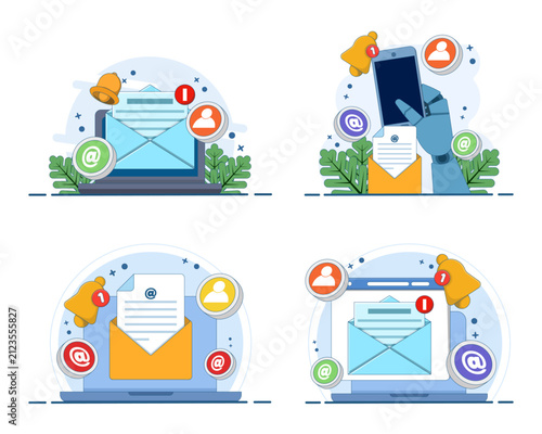 Email notification illustration set featuring device screens, unread messages, digital marketing, email campaigns, notification alerts, message reminders, inbox communication, and online promotion.