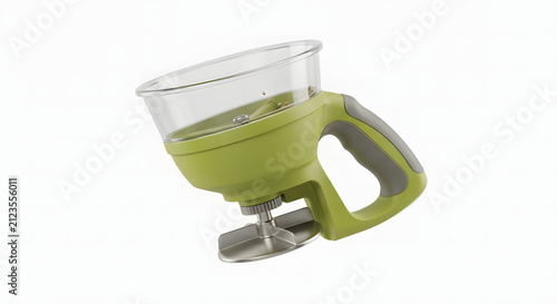 Handheld battery-powered garden seed and fertilizer spreader isolated on a white background.Electric cordless hand handheld fertilizer and seed dispenser tool with ergonomic handle, studio shot.