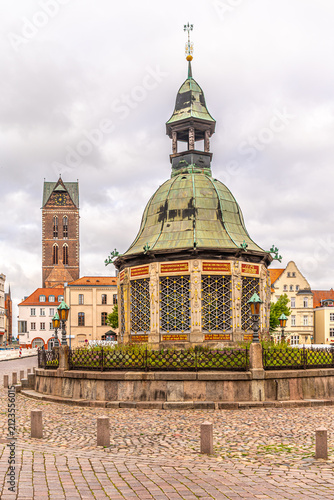View at the Water tower in the streets of Wismar in Germany