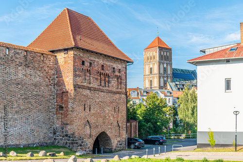 View at the Town gate in the streets of Rostock in Germany