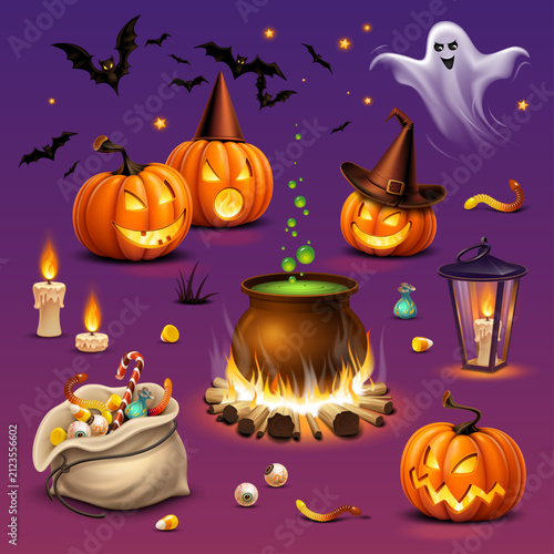 Halloween Elements and Objects. Pumpkins, ghost and sweets. Cartoon style. 