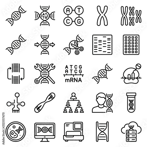 Фотография DNA and genetic engineering icons depict scientific research, chromosome analysis, and biotechnological advancements used for medical diagnostics and modern biological laboratory studies