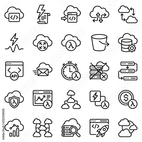 Cloud computing icons illustrate complex server architecture, data storage solutions, and network connectivity protocols.