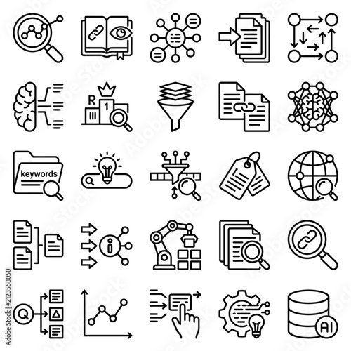 Фотография SEO optimization icons depict digital marketing research and database management processes for web analytics and content strategies