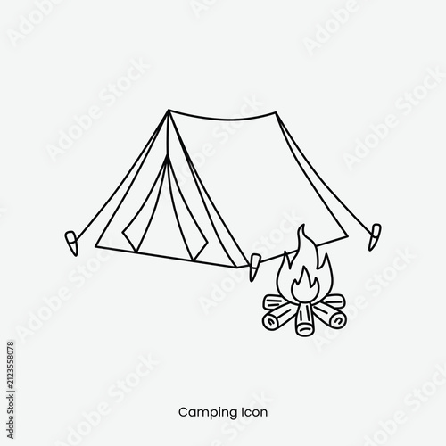Tent and Campfire Camping Illustration Outline