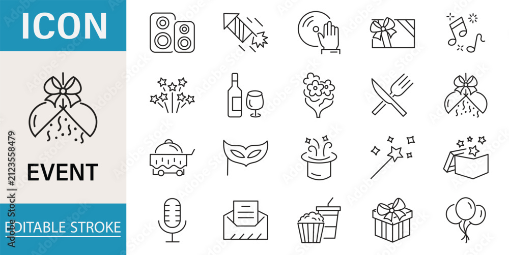 Fototapeta premium Event planning set of web icons in linear style. Event and celebration icons set. Containing decorations, venue, event planner, registration, entertainment, catering, invitations, coordination. Vector