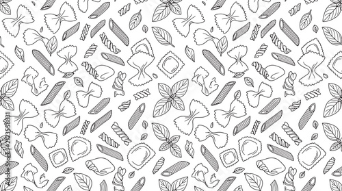 Hand drawn pasta and basil leaves pattern background in black and white sketch style for culinary design