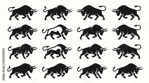 фотографія Collection of powerful bull silhouettes in various dynamic poses, showcasing strength and movement