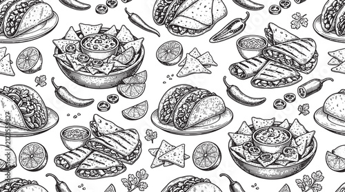 Mexican food seamless pattern with tacos nachos quesadillas and chili peppers in hand drawn sketch style