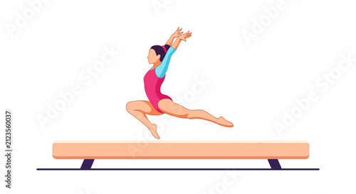 Young Woman Performing Gymnastics Balance Beam.