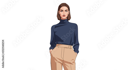 Woman Wearing Blue Turtleneck and Pants.