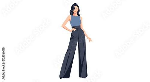 Woman wearing wide leg trousers.