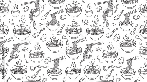 Seamless pattern of hand drawn ramen noodle bowls with chopsticks and eggs in black and white line