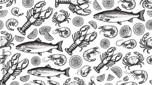 Seafood pattern with hand drawn fish lobster crab shrimp and lemon slices in vintage engraving style