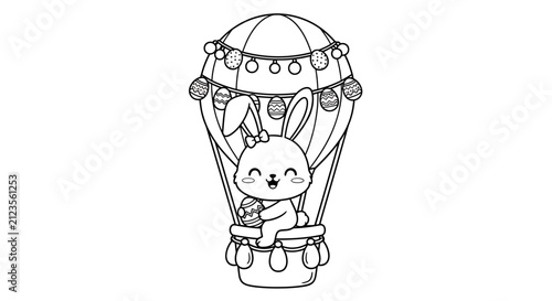Adorable Easter Bunny Flying in a Hot Air Balloon Coloring Page for Kids, Cute Rabbit Character for Spring Holiday Activities and Children's Art