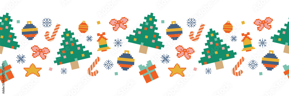 Fototapeta premium Seamless Christmas border. Christmas pixel art: Christmas tree, bell, and tree ornaments. Perfect for greeting cards, backgrounds, fabric, and packaging.