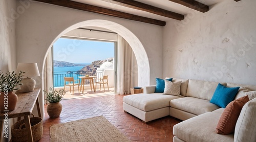 Luxury Santorini Villa Living Room with Aegean Sea View