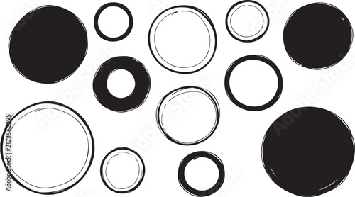 A vector set of hand-drawn sketchy black solid circles and outlined rings on a white background.