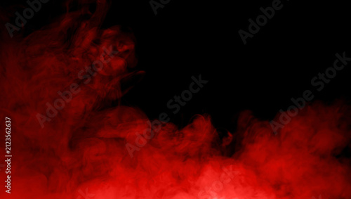 Abstract red smoke cloud swirling on black background with dramatic flowing texture and copy space, ideal for fire, danger, energy, mystery, vapor, fog, and atmospheric design concepts.