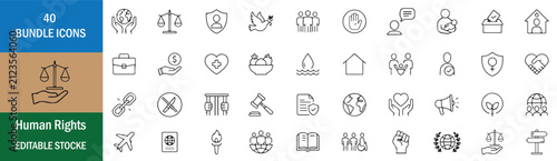 40 Human Rights Vector Outline Icons Set – Editable Black Line Human Rights, Justice, Equality, Freedom & Social Justice Symbols Collection for UI UX Design Isolated on White Background