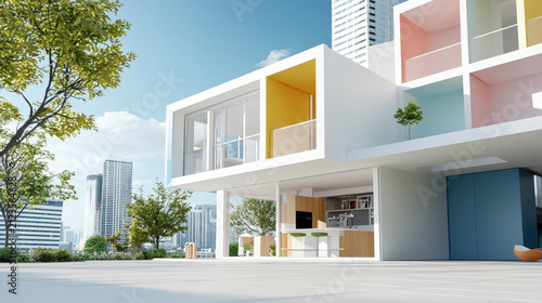 Modern architecture showcases colorful and vibrant design with large windows, open spaces, and contemporary aesthetic. scene features greenery