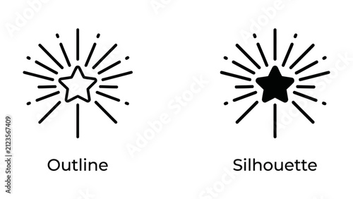 Fotografie Starburst Icon Pair: A graphic design featuring two complementary starburst icons, one an outline and the other a solid silhouette, symbolizing sparkle, celebration, or achievement