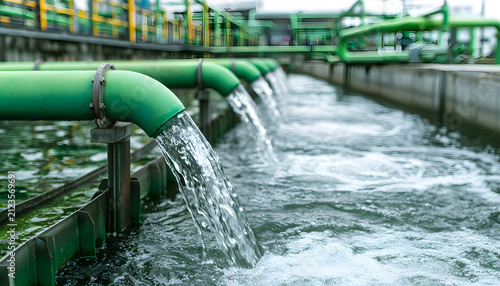 A reservoir receiving purified water through green pipes at an industrial water treatment plant focused on sustainability