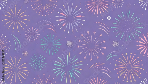 紫の夜空に美しい花火が広がる上品で華やかな背景素材　Beautiful Fireworks Blooming in Purple Night Sky Background