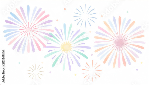 白背景に浮かぶ水彩風の淡いパステルカラーの花火の背景素材　Watercolor Style Pastel Fireworks on White Background