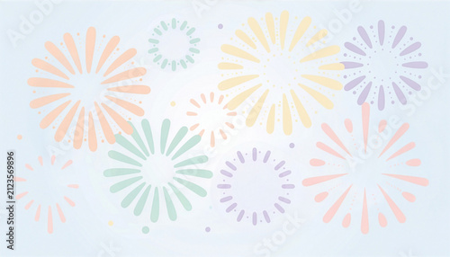 パステルカラーの優しい色合いで描かれたかわいい花火の背景素材　Cute and Gentle Pastel Color Fireworks Background　