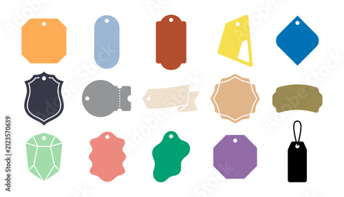 A collection of colorful blank price tag badge label designs featuring various shapes and styles for retail marketing promotions and product identification in flat vector