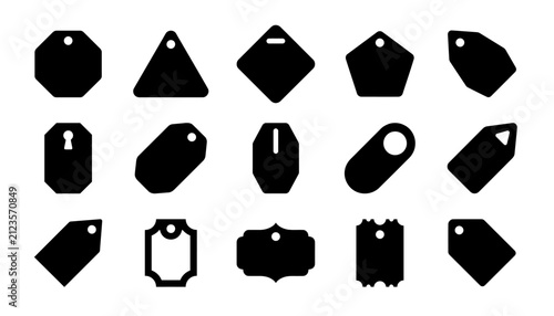 A collection of black silhouette shapes featuring a versatile price tag badge label design set for retail marketing sales promotions and creative product branding projects