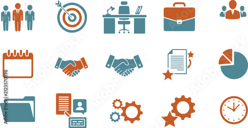 A comprehensive vector icon set featuring blue and orange corporate elements, team leadership, strategic goals, office productivity, and financial analytics.