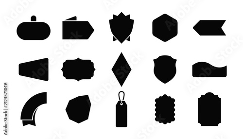 A collection of various black silhouette shapes including a price tag badge label design set for retail marketing promotion and creative graphic design project elements