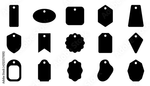 A collection of various black shapes representing a price tag badge label design set isolated on a white background for retail and marketing promotional use