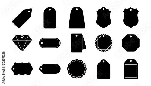 A collection of various black shapes including a price tag badge label design set isolated on a white background for retail marketing and product branding