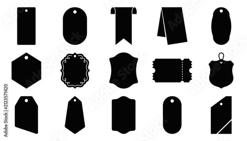 A collection of various black silhouette shapes representing a price tag badge label design set for retail marketing sales promotions and commercial product branding projects