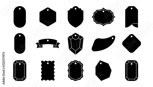 A collection of various decorative shapes including a black price tag badge label design set isolated on a white background for retail marketing sales promotion