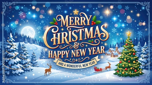 Merry Christmas and Happy New Year Greeting Card with Winter Landscape