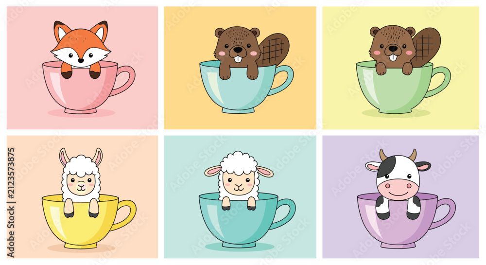 Naklejka premium Collection of six adorable baby animals including a fox beaver llama sheep and cow sitting inside colorful tea cups.