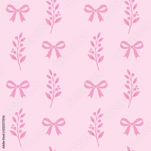 Cute pink bows and branches seamless pattern background