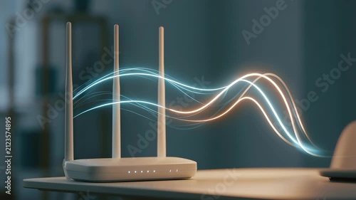 Modern wireless internet device with three antennas emitting dynamic light trails representing fast data connection and digital signals, symbolizing global communication and technology