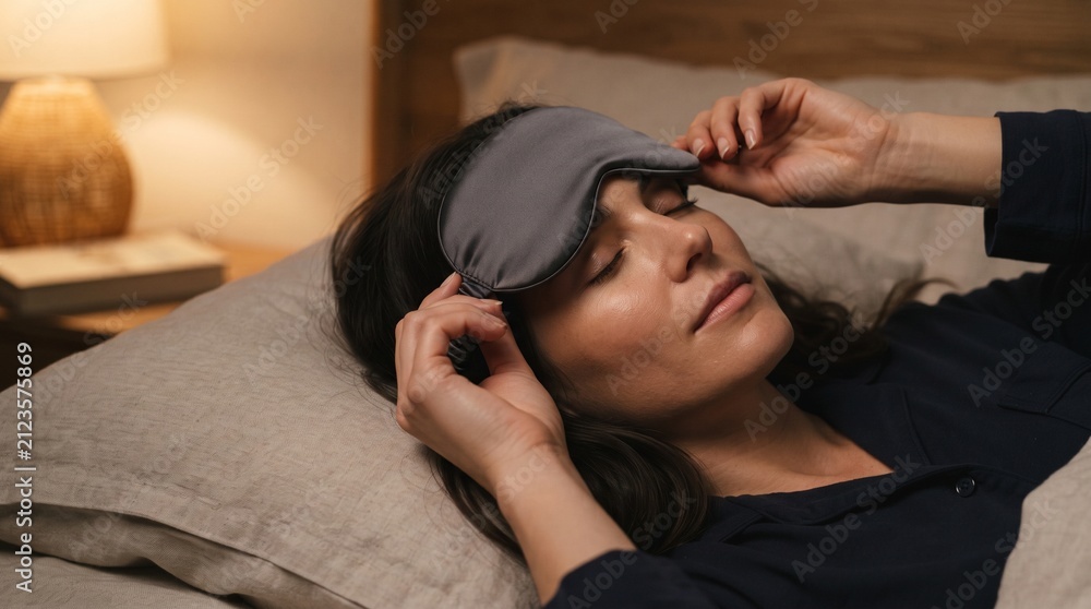 Obraz premium Woman wearing a sleep mask lying in bed at night with eyes closed