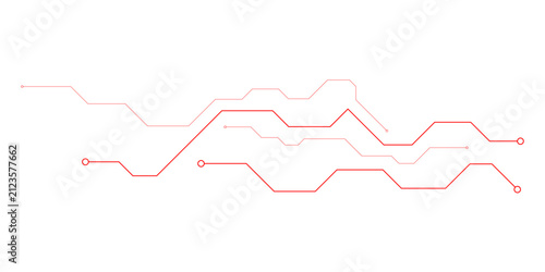 Futuristic circuit board lines in red gradient, abstract technology motherboard pattern vector, digital electronic connection paths for high-tech hardware and software engineering design