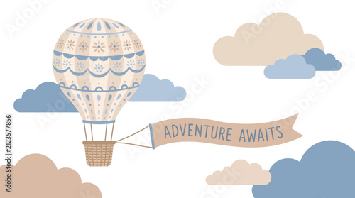 Cute hand drawn hot air balloon illustration with adventure awaits banner in the sky.