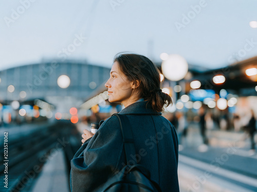 Young business Woman Standing at Train Station Platform in Blue Coat at Dusk