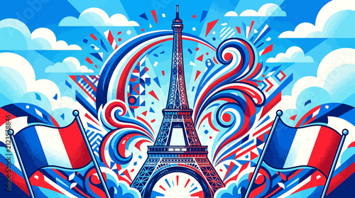 Patriotic Eiffel Tower Vector Illustration with French Flag Colors and Dynamic Paris Skyline Design