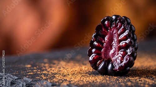 Fresh Juicy Blackberry Half on Dark Slate Background