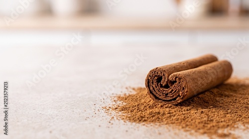 Aromatic Cinnamon Stick with Ground Powder on Table